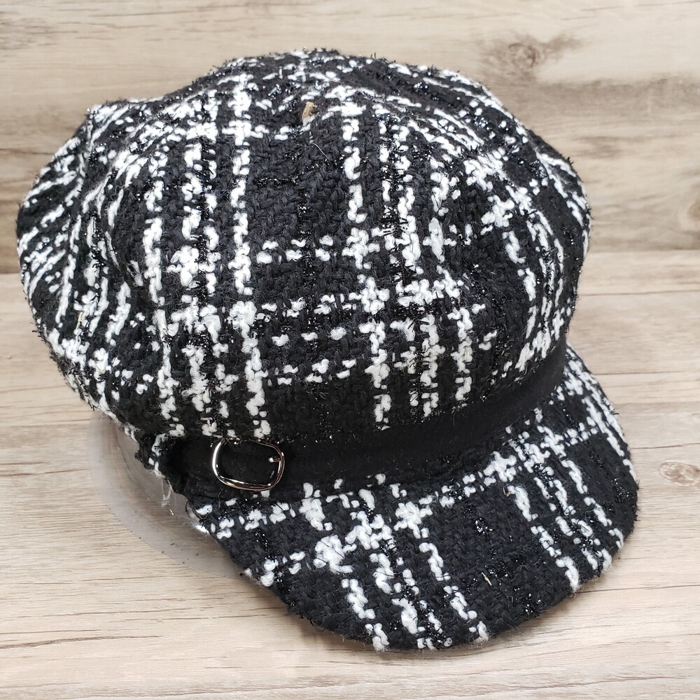 Glen Plaid Tartan Hat Cap Cabbie Newsboy Womens OS Stretch Fit Black White